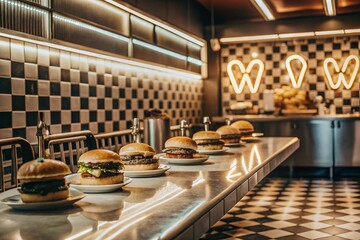 Fototapeta premium Gourmet Cheeseburger Trio with Golden Fries and Fresh Vegetables on Rustic Wooden Table