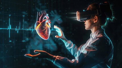 A conceptual image of a person wearing augmented reality glasses interacting with a holographic heart interface, against a minimalist dark backdrop for contrast.
