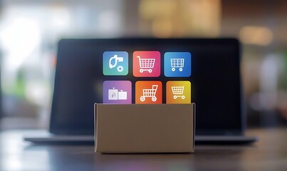 A cardboard box is placed on a table with digital shopping and cloud service icons floating above it.