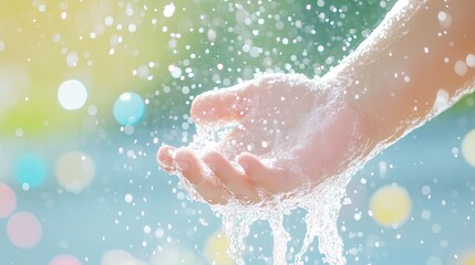 Fototapeta premium A refreshing Songkran Festival scene with water splashes in a soft pastel palette, Songkran Festival illustration with water splashes, Thai New Year celebration with water play, Songkran day.