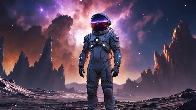 Astronaut Standing on Alien Planet Surface with Colorful Galaxy Sky and Mountains in Futuristic Space Landscape

