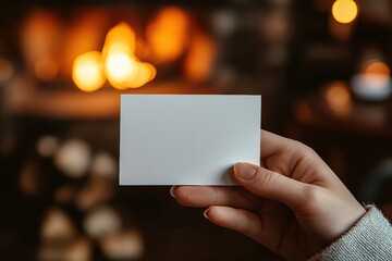 A blank card rests in a warm hand near a cozy fireplace, the hearth's wood feeding the fire's flame for warmth.