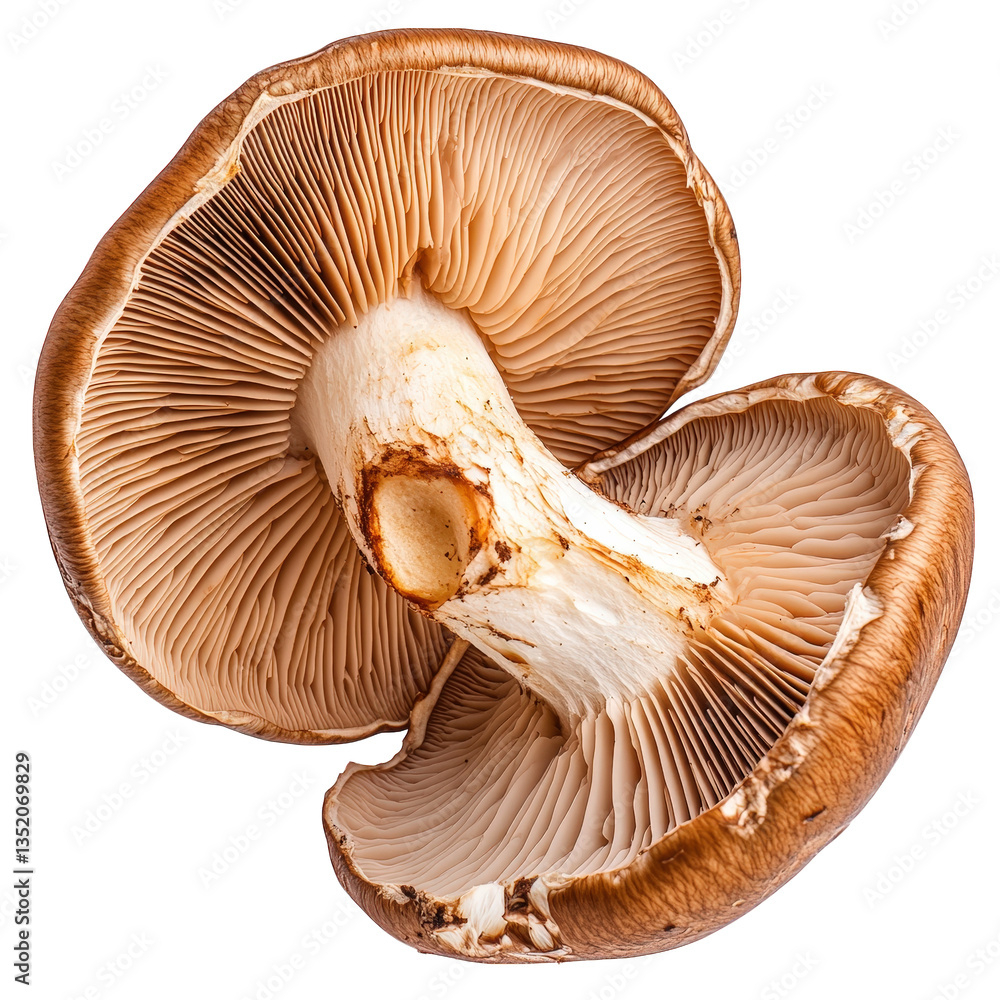 Poster sliced mushroom showcasing its gills and inner structure highlighting its natural texture and color 
