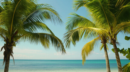 Fototapeta premium Palm trees leaning over calm ocean on sunny day with clear blue sky, ideal for travel brochures, beach holidays and relaxation themes