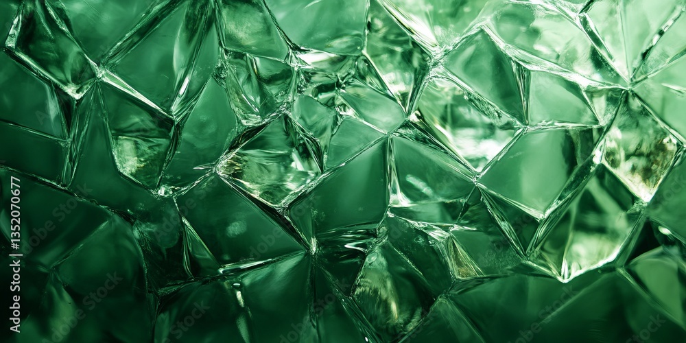 Poster intricate patterns of green glass shards capturing light in a dynamic abstract design