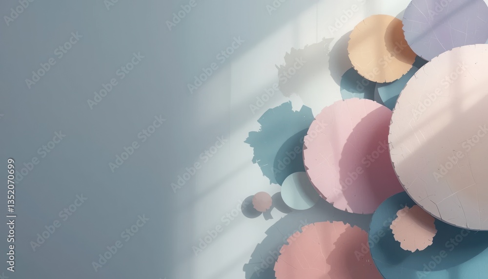 Poster dynamic circular patterns in soft pastel colors abstract art studio setting modern aesthetic close-u