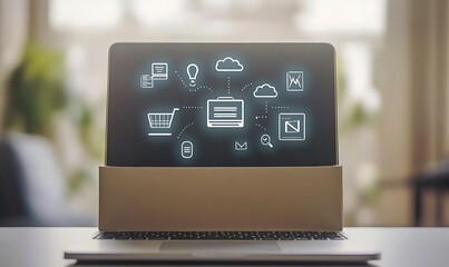 A cardboard box is placed on a table with digital shopping and cloud service icons floating above it.