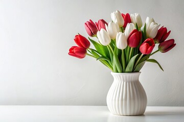 Obraz premium Extreme close-up white vase with bouquet white red tulips against white background