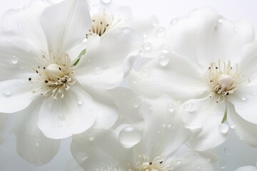 Elegant white flowers adorned with tiny water droplets from early morning, captured with a soft focus on a white backdrop