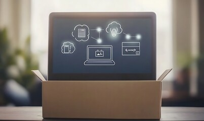 A cardboard box is placed on a table with digital shopping and cloud service icons floating above it.