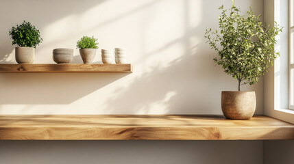Scandinavian-inspired minimal kitchen wall with wooden shelf,ceramic bowls,green plants in natural light. Copy space concept for interior design. Blank wooden board for product presentation,mounting