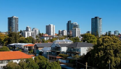 City view. Residential housing in foreground, skyscrapers in distance under blue sky, bright day