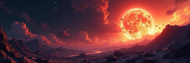 Dramatic visualization of asteroid collision causing devastation, dramatic, devastation, astronomy