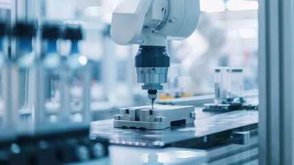 Fototapeta premium Close-up of a sleek, modern robotic arm performing a precise task in a clean, minimalist factory setting.