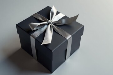 Obraz premium Elegant black gift box with shiny silver ribbon and blank gift tag, surprise, black, gift box