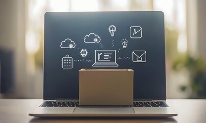 A cardboard box is placed on a table with digital shopping and cloud service icons floating above it.