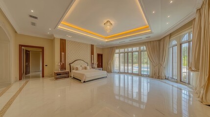 Elegant spacious bedroom with large windows, modern decor, and luxurious furnishings in a bright and airy atmosphere