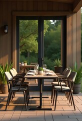 A table with chairs on a wooden deck , with a glass door behind it, the table is set for a meal , outside view 