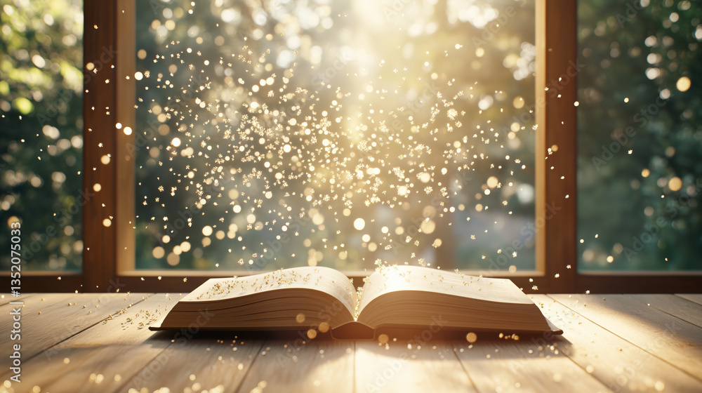 Poster open book on wooden table: an open book rests on a wooden surface near a window with a view of a lus
