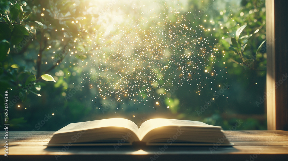 Poster unveiling the story: an open book rests on a wooden surface bathed in the gentle glow of sunlight st