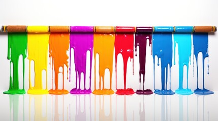 Multiple paint rollers with vibrant paint dripping off their edges lined up against a clean wall isolated on white background