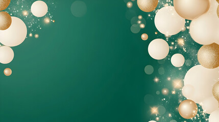 Festive gold and white ornaments on teal background, holiday greeting card design