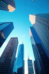 Obraz premium High-rise buildings reaching for clear blue sky, urban metropolis landscape, skyline, blue sky, modern