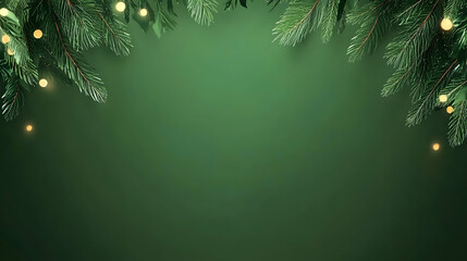 Festive green background with pine branches, lights, and copy space; ideal for holiday greetings