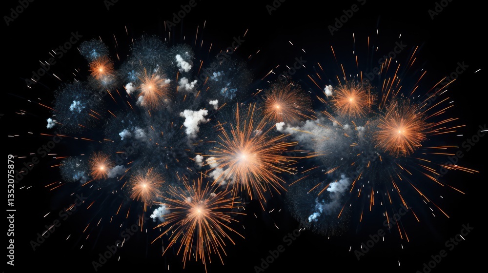 Wall mural orange fireworks exploding in dazzling patterns over a dark blue background creating a striking cont