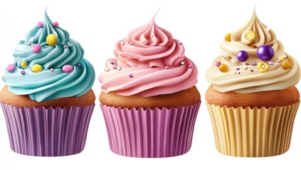 Three colorful cupcakes, each with a unique frosting design, sit in cupcake liners