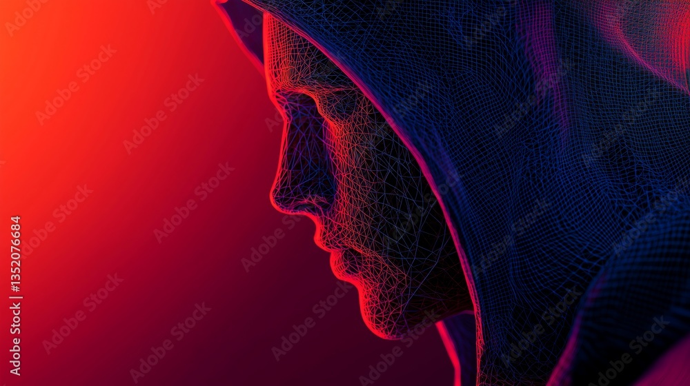 Poster abstract digital hacker: cyber security concept with hidden face and polygonal wireframe illustratio