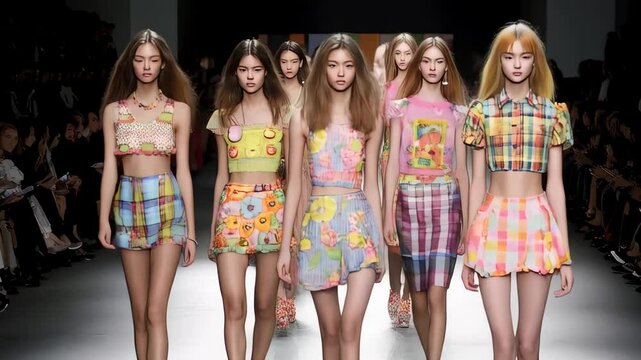 Fashion show features vibrant summer styles on diverse models walking the runway in a lively setting