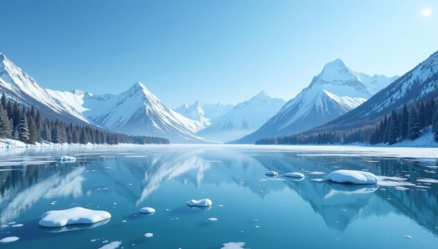 Icy lake with snow-capped mountains in background, clear blue sky, serene winter landscape, snow, serene, serene