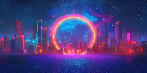 A futuristic cityscape framed by a neon illuminated celestial circle