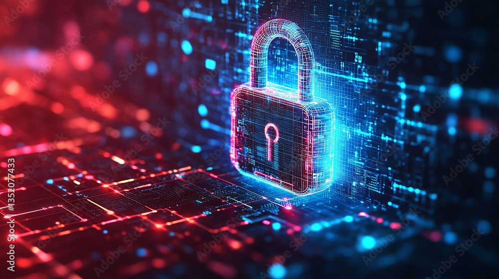 Poster cyber security and safety information: minimalistic digital padlocks on abstract blockchain technolo