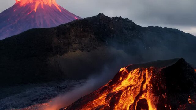 Erupting volcano sends lava flowing in spectacular display at night in Iceland capturing the raw power of nature