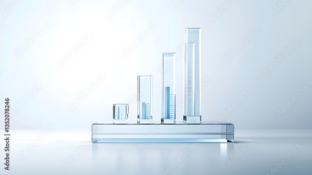 Poster a modern and minimalist 3d rendered bar chart with five ascending transparent blue glass bars floati