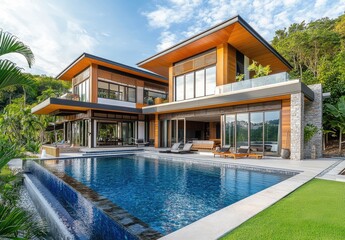 Fototapeta premium A beautiful modern house with large windows and a swimming pool in the front yard