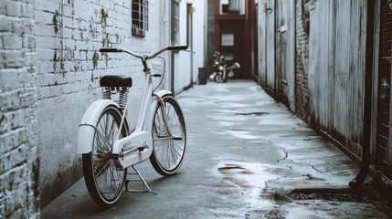 A vintage bicycle parked in a narrow alley.