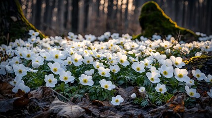 Obraz premium White Anemone Flowers Blooming in Spring Under Forest Light