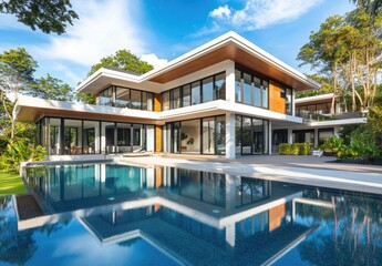 Fototapeta premium A beautiful modern house with large windows and a swimming pool in the front yard