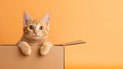 Ginger kitten peering from cardboard box against orange background; pet adoption, website banner