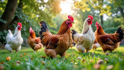 Fototapeta premium Vibrant chickens roaming freely in sunlit meadow