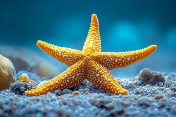 Bright orange starfish is positioned on the sandy sea bottom surrounded by small shells and pebbles under clear blue water Generative AI