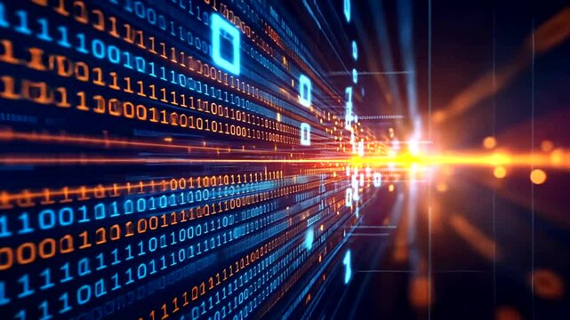 Abstract digital background with binary code flowing, representing data transmission and technology