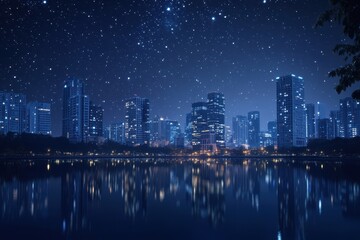 Naklejka premium Starry Night Sky Reflects City Buildings Over a Peaceful Lake