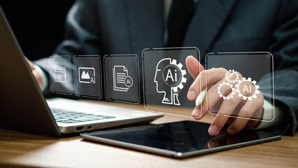 Businessman uses artificial intelligence technology to automate data analysis, action, dashboard reports with sales charts and business insights. Education, Data Analysis, Sales, Content Creation