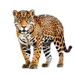 Obraz premium A powerful, muscular jaguar with a sleek golden-yellow coat and black rosettes stands in a realistic side-view portrait, full body on a white background, with piercing amber eyes and an intense, focus