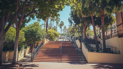 Obraz premium Sunny Staircase Ascent, Lush Tropical Street, Palm Trees, Vacation Background