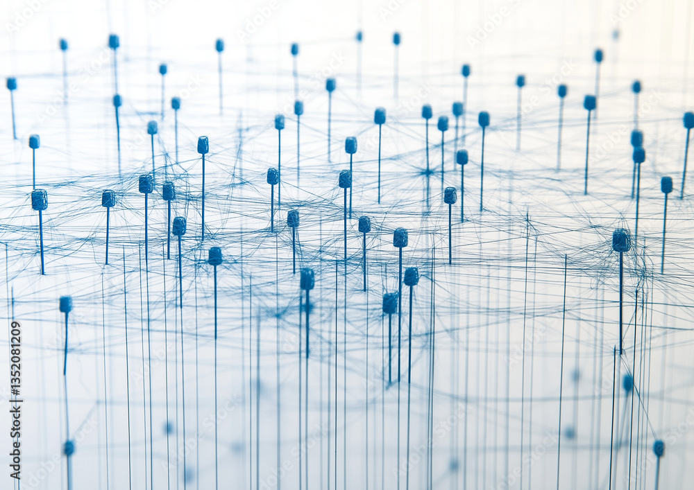 Aufkleber abstract network of blue lines connecting pins on white background – symbolizing web technology, inn